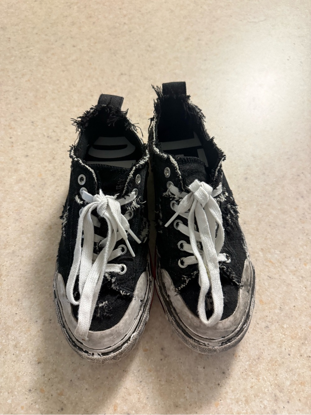 Diesel Frayed Black Canvas Sneakers with White Laces